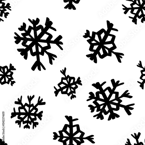 Vector illustration. Christmas and New Year seamless pattern. Snowflakes and flakes, falling snow. Scandinavian ornament. Abstract wallpaper. Snow pattern for advertising and typographic products.