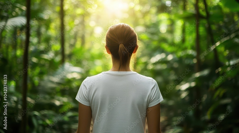 A woman walking through a dense forest, sunlight filtering through the trees, with a peaceful expression A woman walking through a dense forest, sunlight filtering through the trees, with a peaceful expression