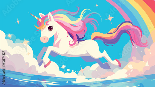 Cartoon unicorn jumps on rainbow scene. Poster with cute magical horse with horn, fairytale landscape vector illustration
