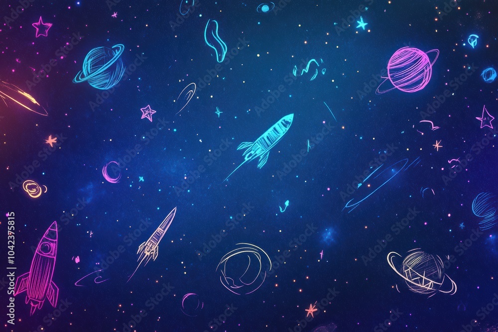 Naklejka premium Intricately drawn cosmic doodles showcase various planets, stars, rockets, and asteroids in a vibrant, starry universe backdrop. Generative AI