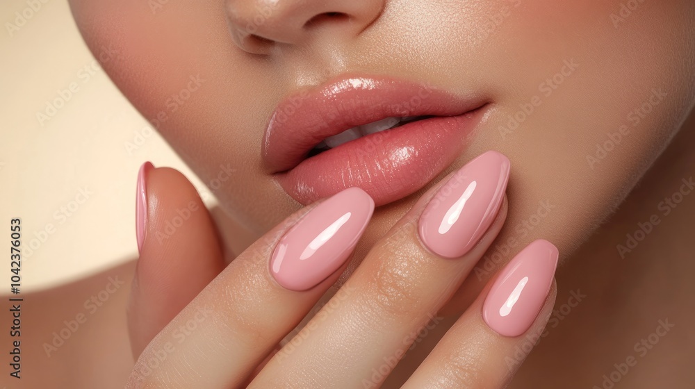 Obraz premium Close-up of a woman's hand with pink glossy nails.
