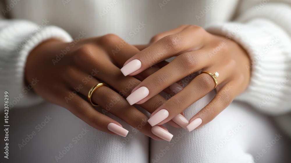 Close-up of a woman's hands with a soft pink manicure and a gold ring. Close-up of a woman's hands with a soft pink manicure and a gold ring.