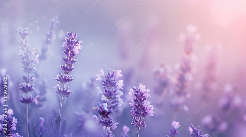 Naklejka premium A serene and dreamy scene captured in a soft morning mist with shades of lavender blush and baby blue blending seamlessly in a gentle gradient.