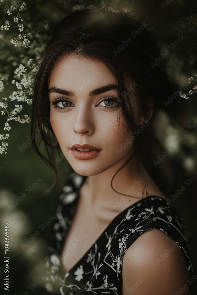 A striking portrait of a woman surrounded by soft floral elegance. A striking portrait of a woman surrounded by soft floral elegance.