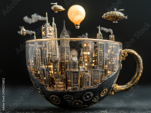 Steampunk Cityscape in a Teacup with Floating Airships and Gears