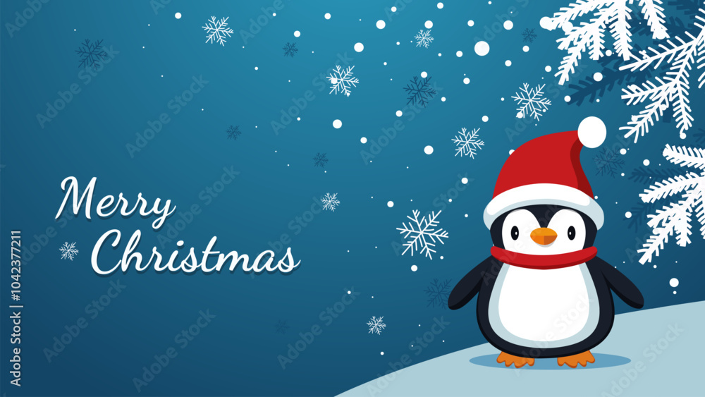 Christmas penguin in a red cap and scarf on a holiday background with beautiful snowflakes, snow and Christmas tree. Christmas vector illustration for banner, design, card, invitation, poster. Christmas penguin in a red cap and scarf on a holiday background with beautiful snowflakes, snow and Christmas tree. Christmas vector illustration for banner, design, card, invitation, poster.