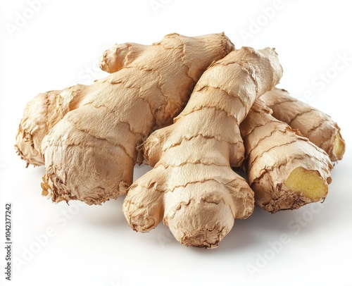 A close-up of four fresh ginger roots on a white background. photo