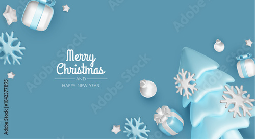 Happy New Year and Merry Christmas. Christmas holiday background with realistic 3d objects, blue and white bauble balls, conical metal stars, gift. Levitation falling design composition.