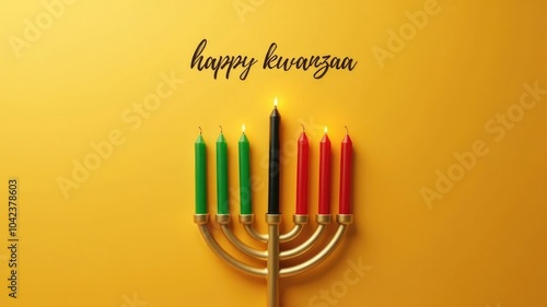 Colorful kinara with seven candles on vibrant yellow background celebrating kwanzaa tradition