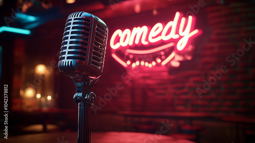 Comedy Stage with Microphone and Neon Sign