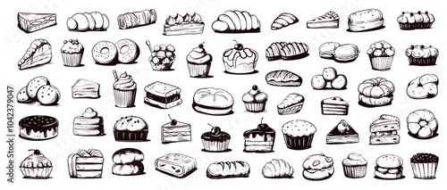Doodle dessert bakery set. Hand drawn sweet food cakes eclairs cupcakes donuts pastry vector illustration