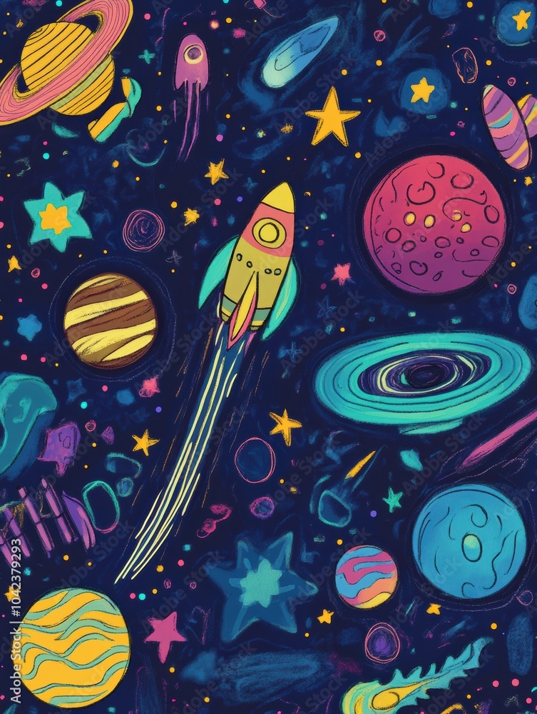 Naklejka premium Explore a whimsical universe filled with colorful planets, sparkling stars, rockets soaring, and playful asteroids. Generative AI