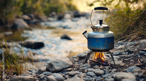 Cooking kettle on camping stove at campsite