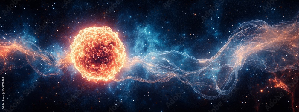 Obraz premium Cosmic Birth:The Genesis Cell.Concept of creation, origin of life, cosmic birth, celestial energy, cellular biology, cosmic mystery.