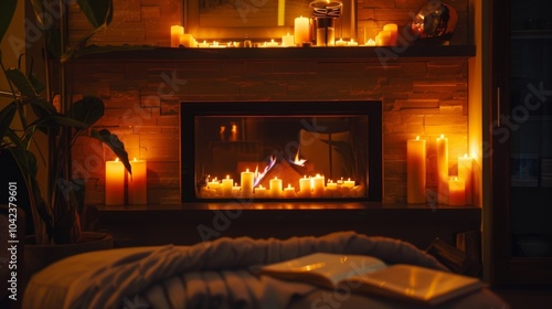 A fireplace nook with a glowing fire and flickering candles creating a serene ambiance for quiet reading and reflection.