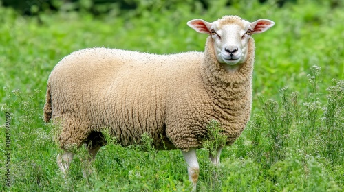 Meadow Moments:Serene Sheep. Concept of tranquility, nature, pastoral life, innocence, flock unity.