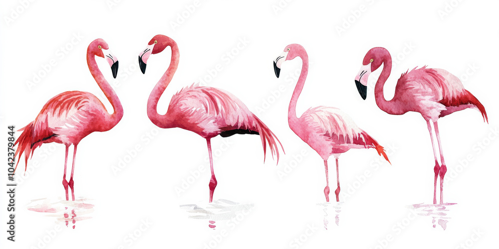 Obraz premium A watercolor illustration featuring five flamingos in varying poses, from wading to resting. Their elegant pink feathers and delicate form contrast beautifully against the clean, white background,