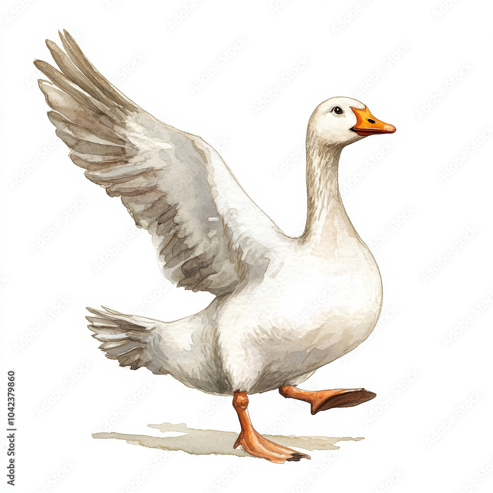 Obraz premium A cheerful goose running with its wings slightly raised, showcasing its playful nature. Hand-painted in watercolor, this illustration is perfect for animal-themed art, isolated on a white background.