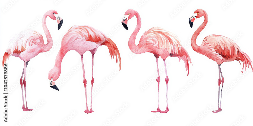 Obraz premium A set of five elegant pink flamingos standing in various poses, hand-painted in delicate watercolor strokes. The soft shades of pink and coral blend beautifully against the isolated white background,