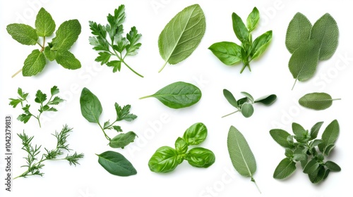 A collection of fresh herbs, including parsley, basil, sage, oregano, and rosemary, arranged on a white background.