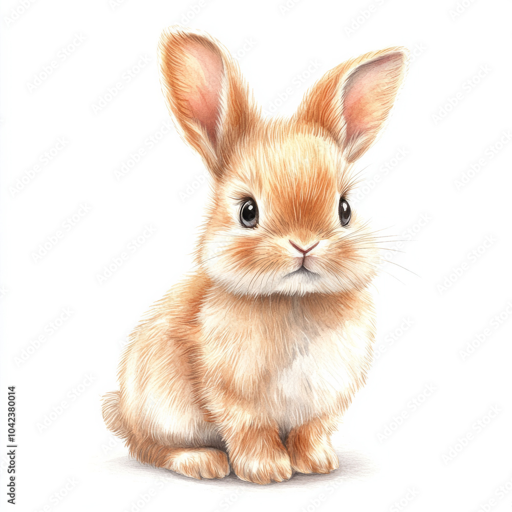 Obraz premium A soft watercolor illustration of a cute baby bunny, sitting with its fluffy ears perked up, hand-drawn with delicate details. The isolated white background makes this rabbit perfect for baby cards or