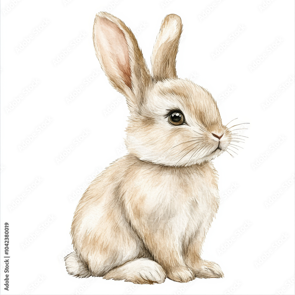Fototapeta premium A soft watercolor illustration of a cute baby bunny, sitting with its fluffy ears perked up, hand-drawn with delicate details. The isolated white background makes this rabbit perfect for baby cards or