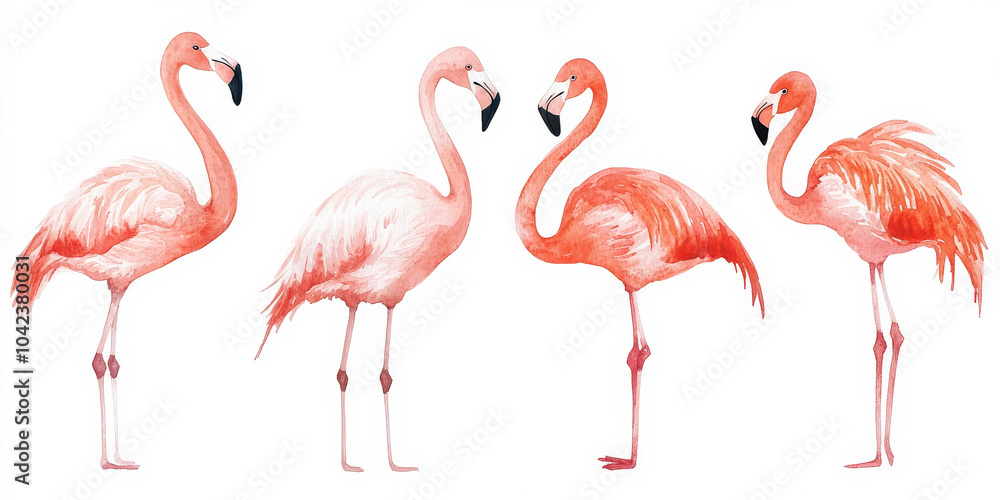 Fototapeta premium A set of five elegant pink flamingos standing in various poses, hand-painted in delicate watercolor strokes. The soft shades of pink and coral blend beautifully against the isolated white background,