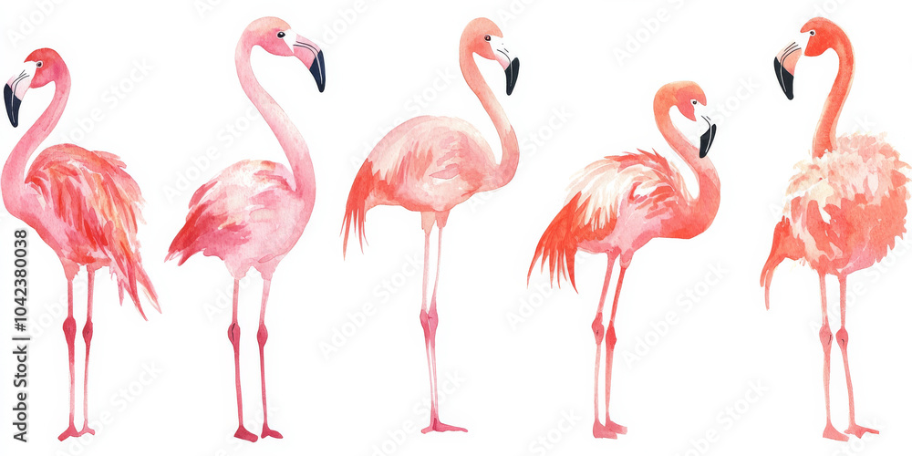 Obraz premium A set of five elegant pink flamingos standing in various poses, hand-painted in delicate watercolor strokes. The soft shades of pink and coral blend beautifully against the isolated white background,