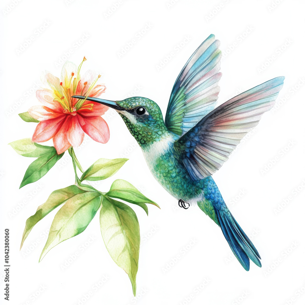 Fototapeta premium A vibrant hummingbird with iridescent blue and green feathers, captured in mid-flight, sipping nectar from a flower. Hand-painted in watercolor and isolated on a white background for a stunning