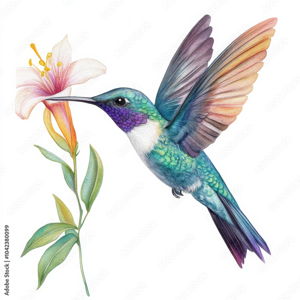 Obraz premium A delicate watercolor painting of a tropical hummingbird with colorful plumage in shades of turquoise, purple, and gold, hovering near a flower. Isolated on a white background for a beautiful nature