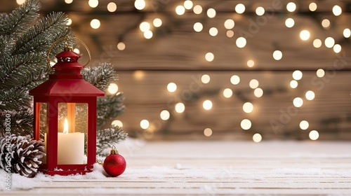 A festive red lantern with candles and snow-covered pine cones adorns a rustic wooden surface, inviting warmth and holiday cheer