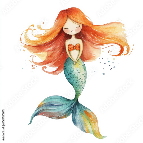 A charming watercolor illustration of a little mermaid character with flowing hair and a colorful tail. Set against an isolated white background, this whimsical cartoon brings a touch of magic to any