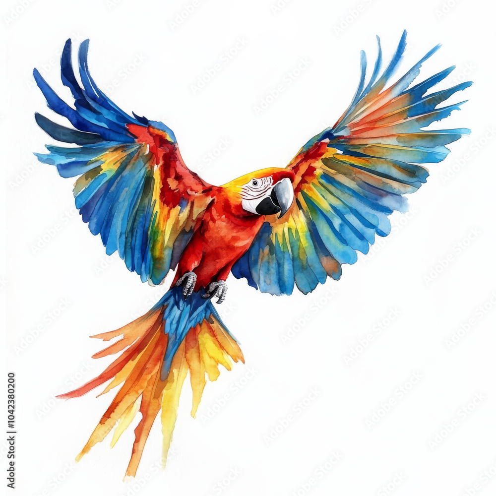 Obraz premium A vibrant macaw in flight, showcasing its colorful feathers and dynamic pose. This watercolor illustration captures the essence of tropical wildlife, set against a white background.