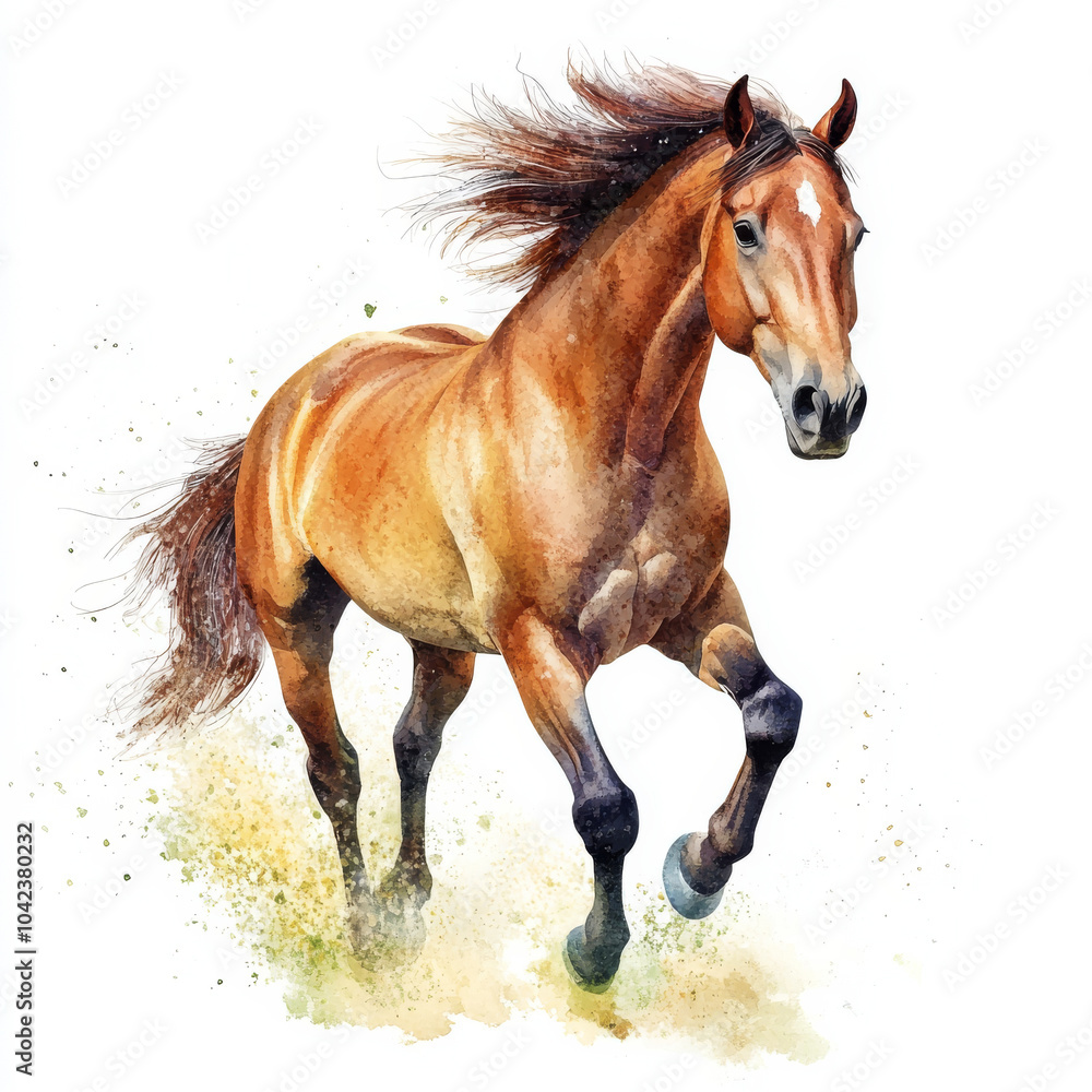 Obraz premium A majestic horse galloping freely, its mane flowing in the wind. Hand-painted in watercolor, this illustration is isolated on a white background, perfect for showcasing the beauty of wildlife.