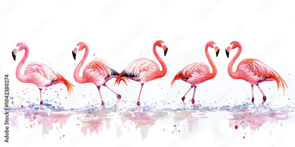 Naklejka premium A watercolor illustration featuring five flamingos in varying poses, from wading to resting. Their elegant pink feathers and delicate form contrast beautifully against the clean, white background,