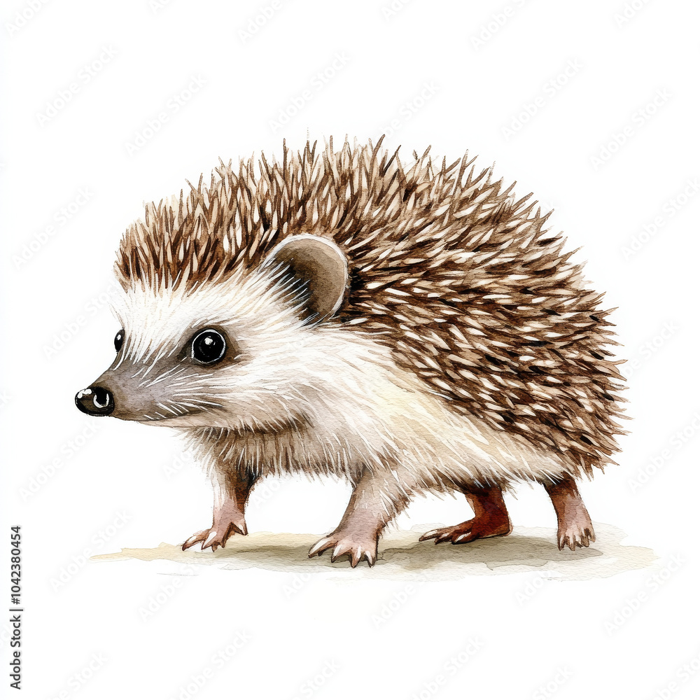 Obraz premium A cute hedgehog waddling quickly, its spines beautifully illustrated in watercolor. Isolated on a white background, this hand-drawn piece highlights the charm of this small mammal.