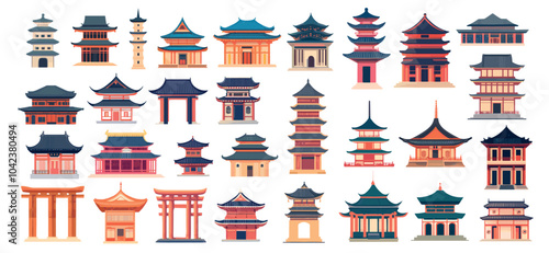 Flat chinese buildings set. Asian traditional architecture houses ancient temple pagoda, japanese korean towers vector illustration
