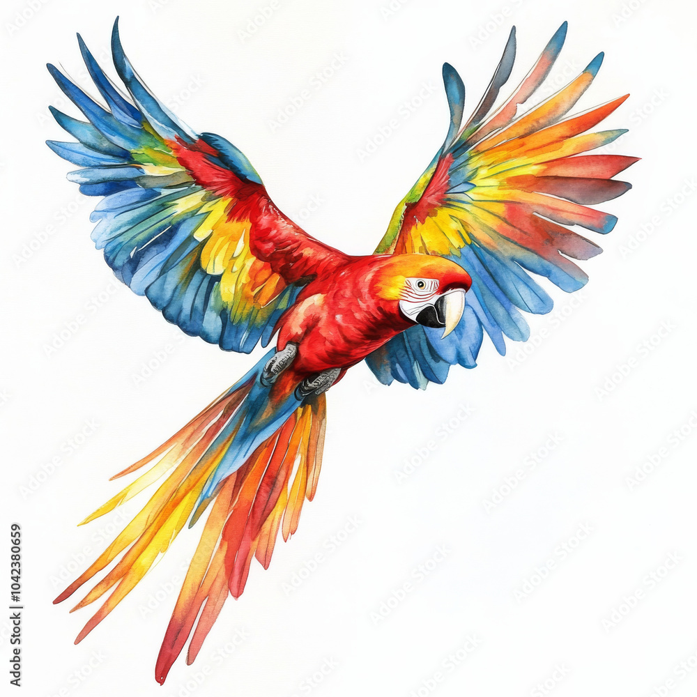 Fototapeta premium A vibrant macaw in flight, showcasing its colorful feathers and dynamic pose. This watercolor illustration captures the essence of tropical wildlife, set against a white background.