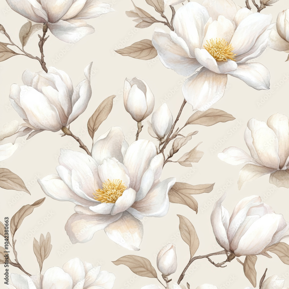 A stunning seamless pattern featuring hand-drawn white magnolia flowers in full bloom, beautifully illustrated in watercolor. The delicate floral designs are set against a soft, pale background, A stunning seamless pattern featuring hand-drawn white magnolia flowers in full bloom, beautifully illustrated in watercolor. The delicate floral designs are set against a soft, pale background,