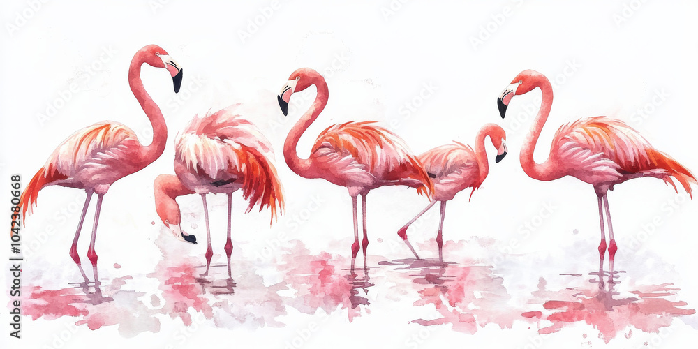 Obraz premium A watercolor illustration featuring five flamingos in varying poses, from wading to resting. Their elegant pink feathers and delicate form contrast beautifully against the clean, white background,