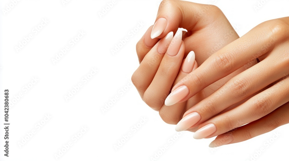 Close-up of woman's hands with long, almond-shaped nails with a white ombre manicure. Close-up of woman's hands with long, almond-shaped nails with a white ombre manicure.