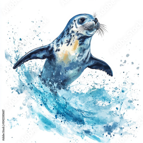 A lively seal gracefully swimming, depicted in mid-motion with splashes of water around it. This watercolor illustration showcases the charm of marine life against a white background. photo