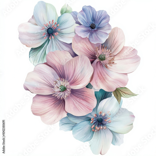 A beautiful watercolor composition of Hellebore flowers and anemones, featuring detailed hand-painted petals in soft pastel tones. The spring blooms are set against a white background, ideal for