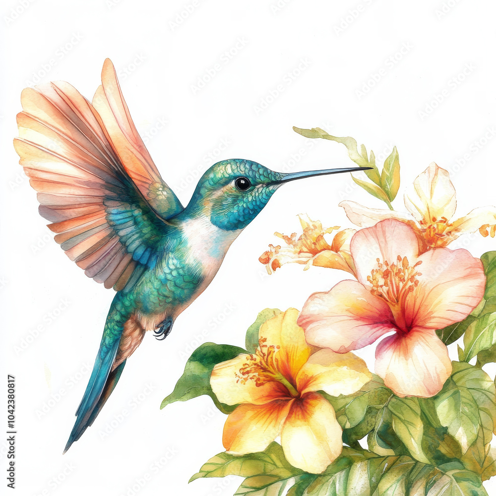 Fototapeta premium Hand-painted hummingbird with elegant teal and emerald feathers, flying beside tropical flowers. Watercolor illustration on a white background, highlighting the beauty of the bird's delicate wings.