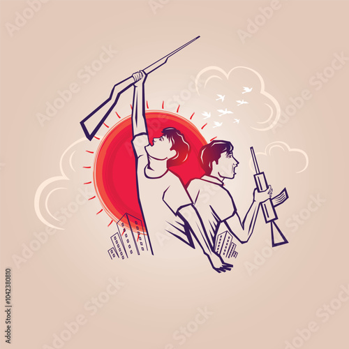 Bangladesh freedom 16 December, 26 March, freedom fighter raise hands and flag.