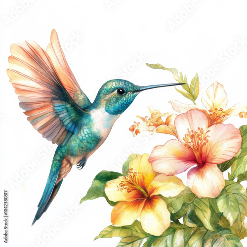 Hand-painted hummingbird with elegant teal and emerald feathers, flying beside tropical flowers. Watercolor illustration on a white background, highlighting the beauty of the bird's delicate wings.