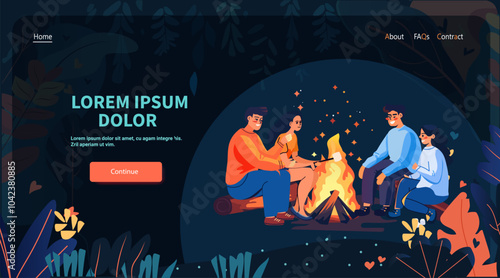 Family campfire night outdoor bonding scene. People sitting around a campfire roasting marshmallows surrounded by foliage and glowing stars. Website landing page design