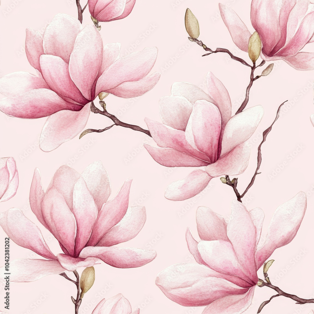 Fototapeta premium An elegant seamless pattern of spring magnolia flowers painted in soft pink watercolor. The intricate hand-drawn flowers are beautifully complemented by a light pink background, making this design