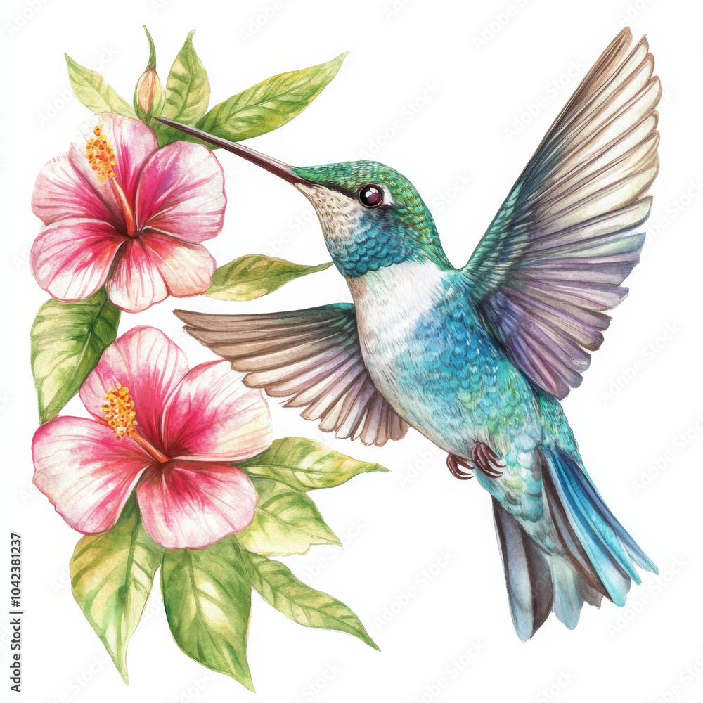 Obraz premium Hand-painted hummingbird with elegant teal and emerald feathers, flying beside tropical flowers. Watercolor illustration on a white background, highlighting the beauty of the bird's delicate wings.
