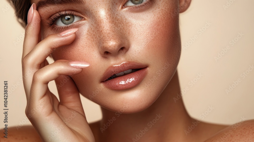 Fototapeta premium Close-up portrait of a young woman with freckles and natural makeup. Her hand is resting on her cheek, and her eyes are looking directly at the camera.